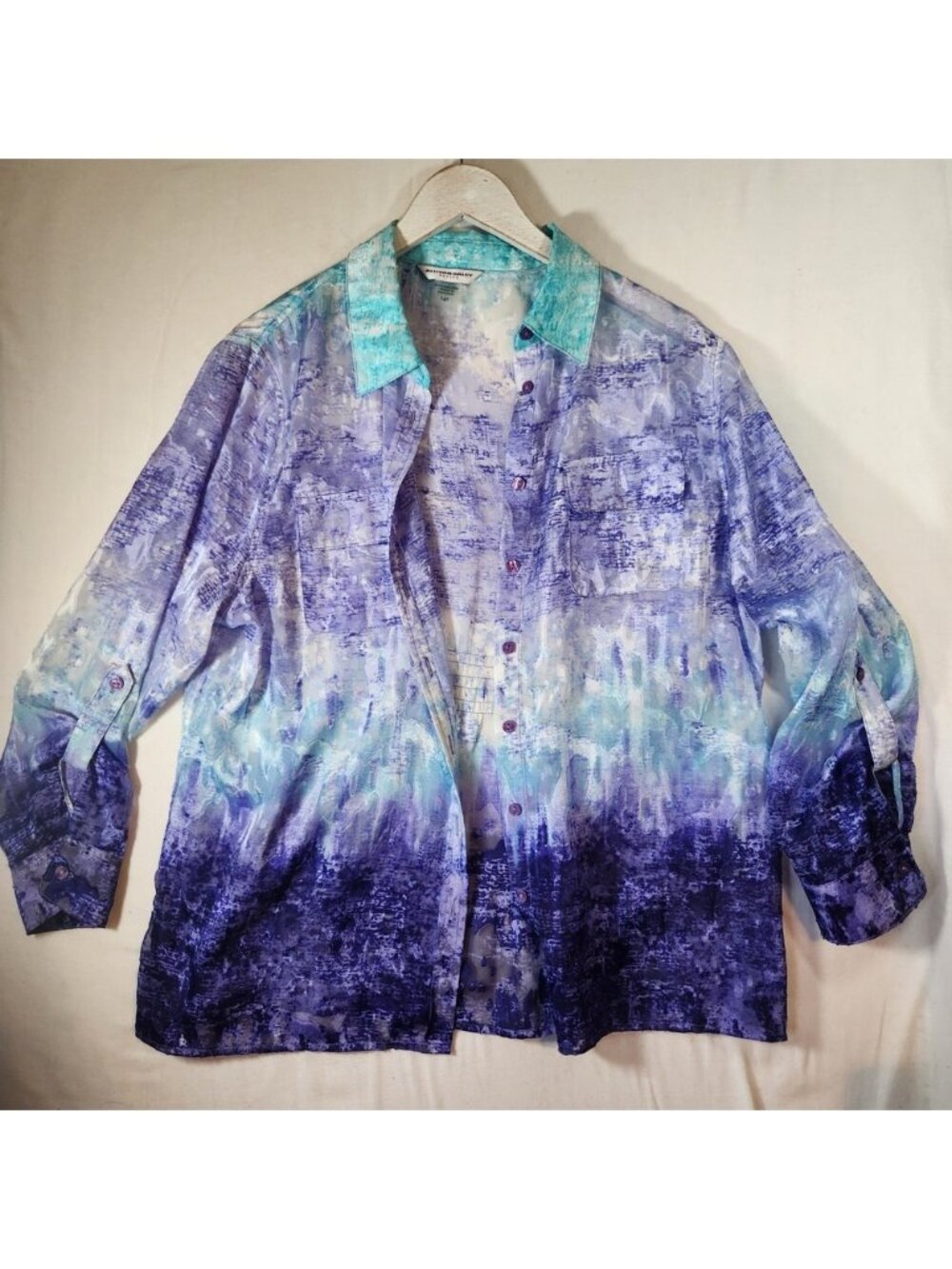 Allison Daley Petite Purple Teal Abstract Burnout Button Up Shirt 14P